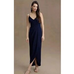 Bhldn Caron Midi Dress A Line Deep V Wrap Formal Holiday Crepe Navy Blue Size 6